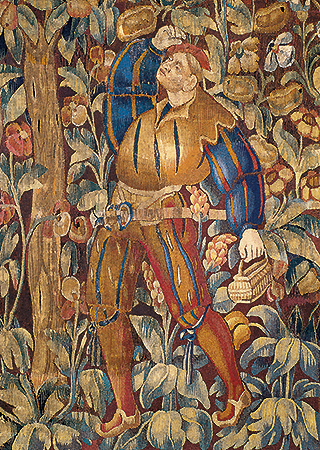 Tapestry "Two lansquenets hunting birds" (detail), photo: Bayerische Schlösserverwaltung Picture: Tapestry "Two lansquenets hunting birds" (detail)
